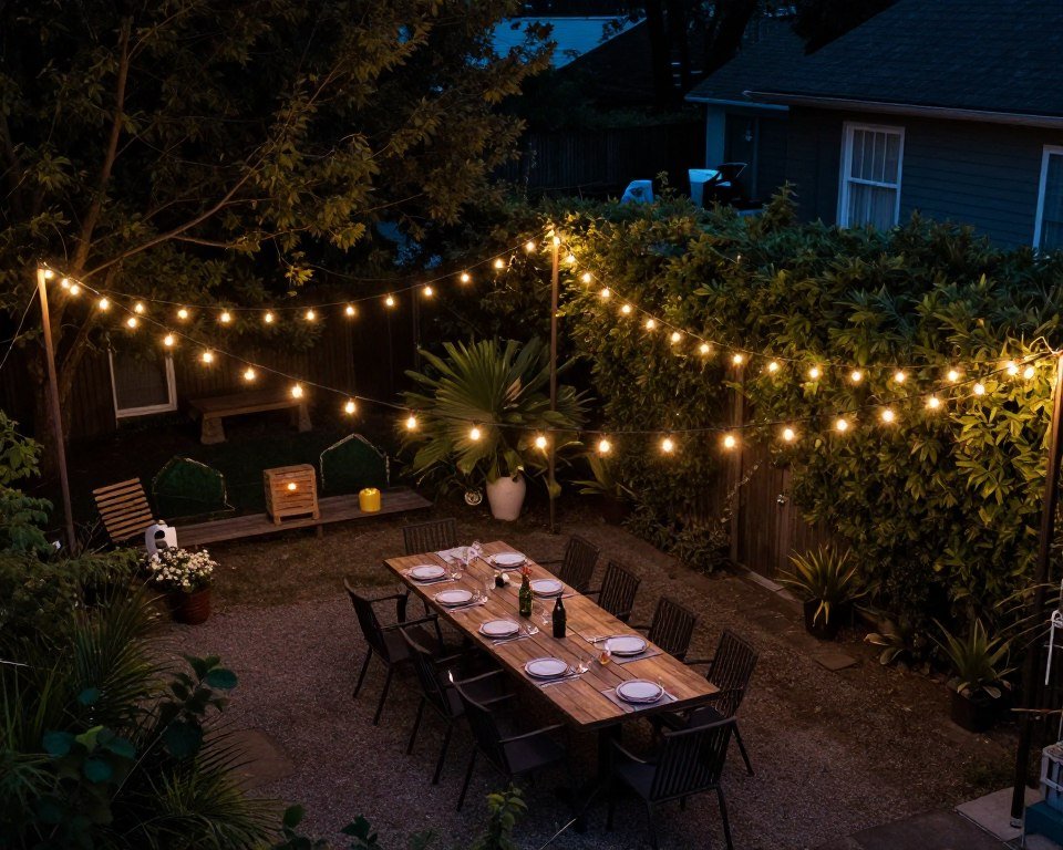 string lights creating canopy over outdoor dining area
