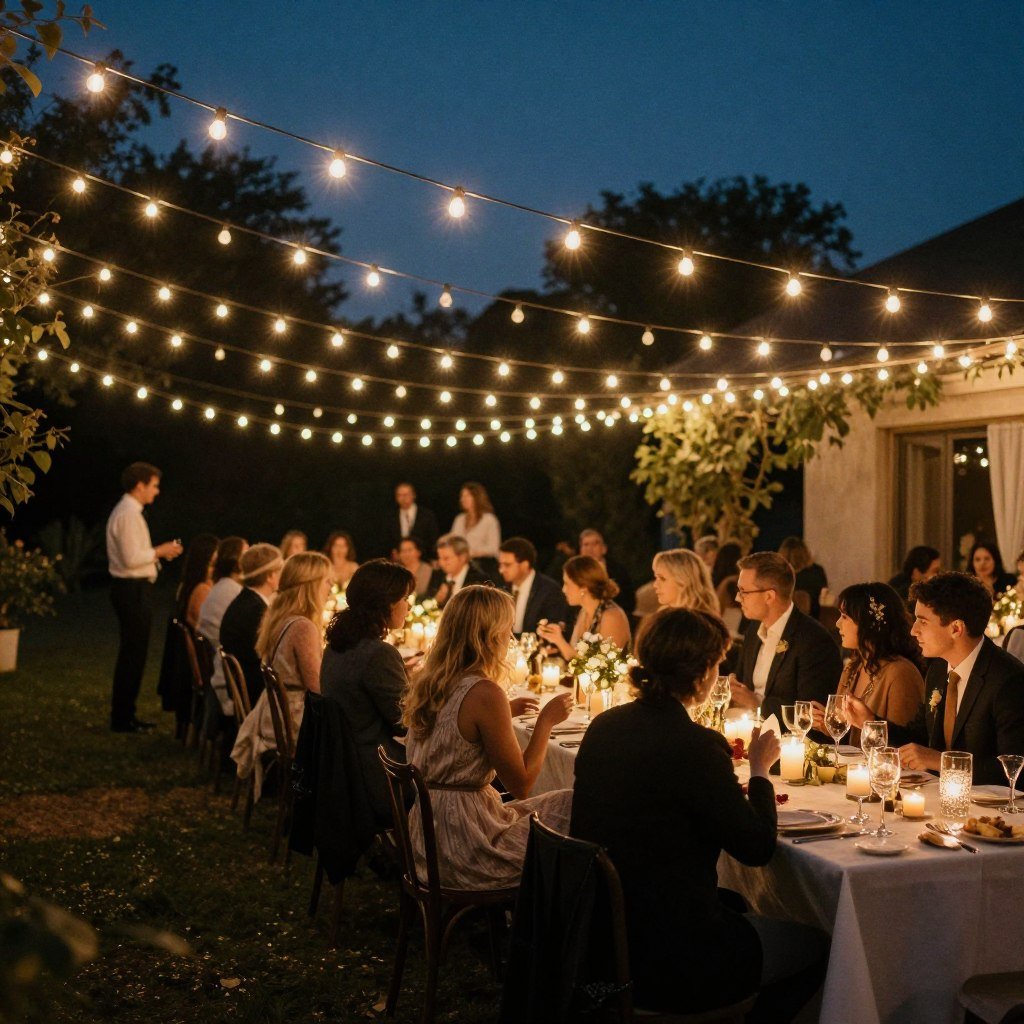 string lights creating magical atmosphere at small backyard wedding reception string lights creating magical atmosphere at small backyard wedding reception