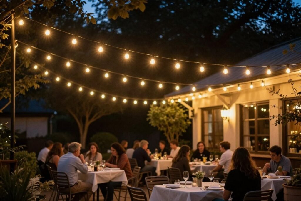 string lights creating warm ambiance over small backyard patio dining area