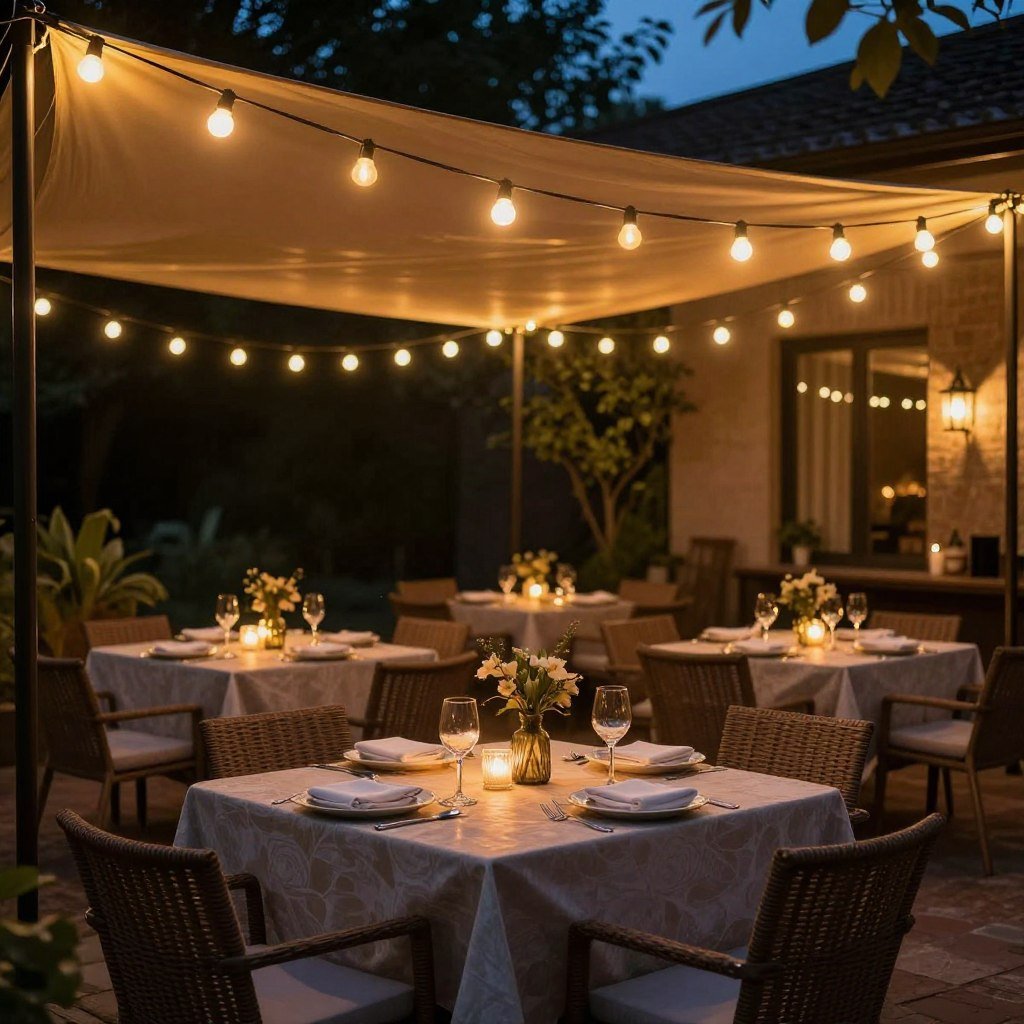 string lights hung over patio dining area