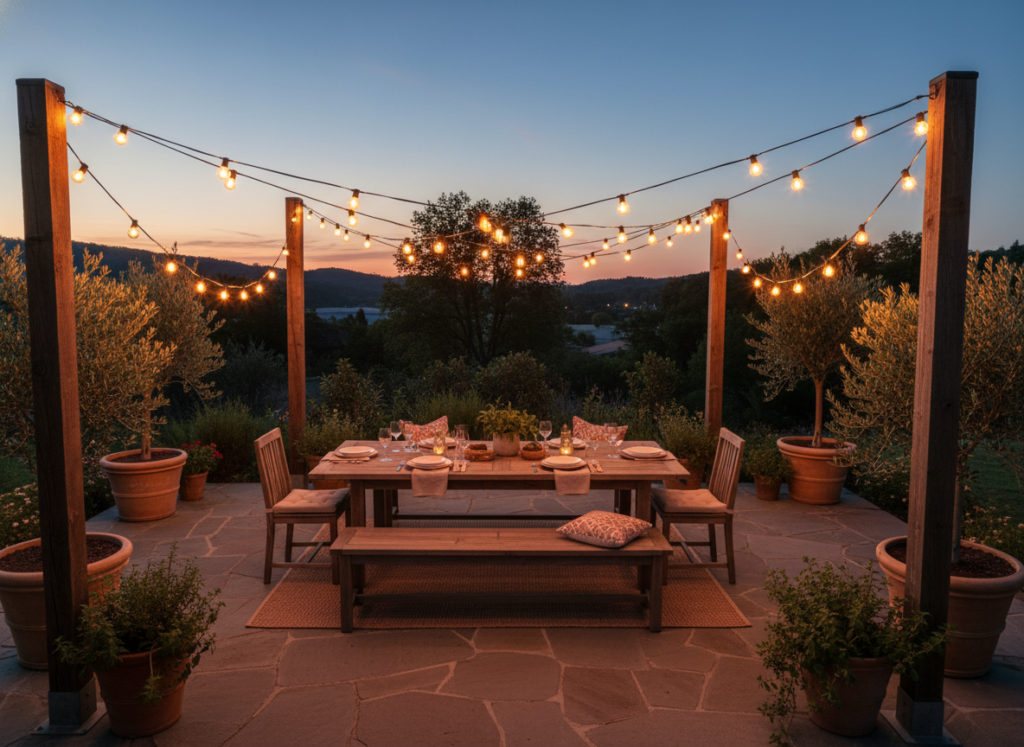string lights hung zigzag pattern over patio area