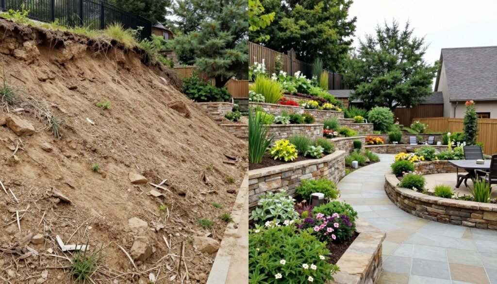 stunning completed sloped backyard landscape transformation before and after