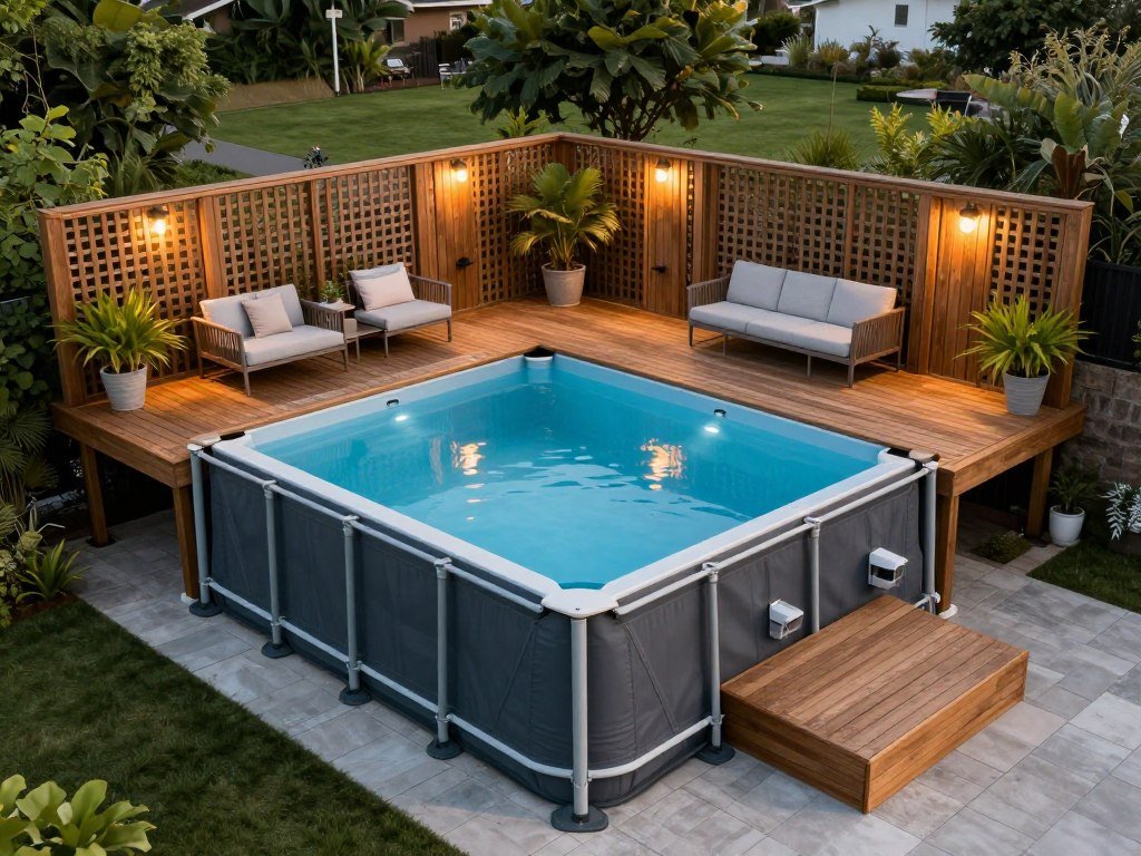 stylish above-ground pool with wraparound wooden deck and privacy screening