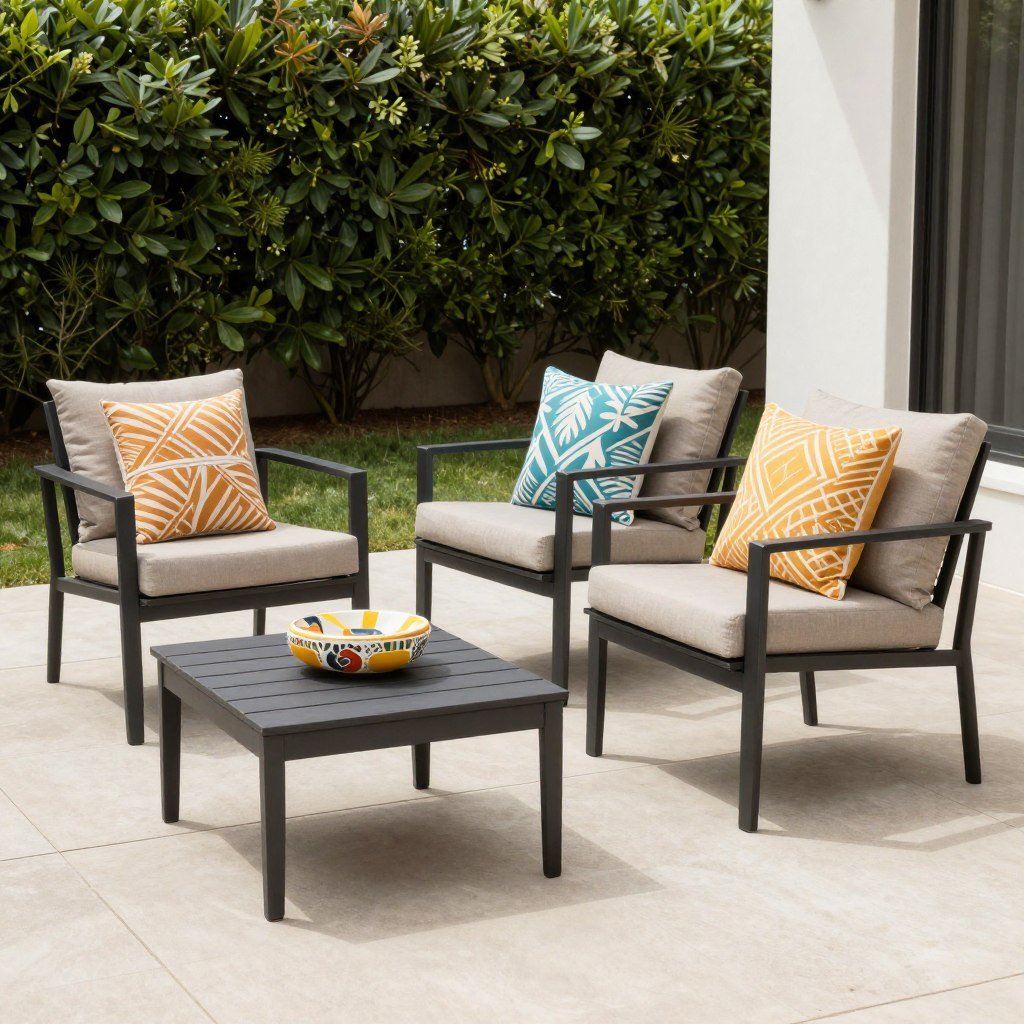 stylish outdoor chairs with colorful pillows in backyard