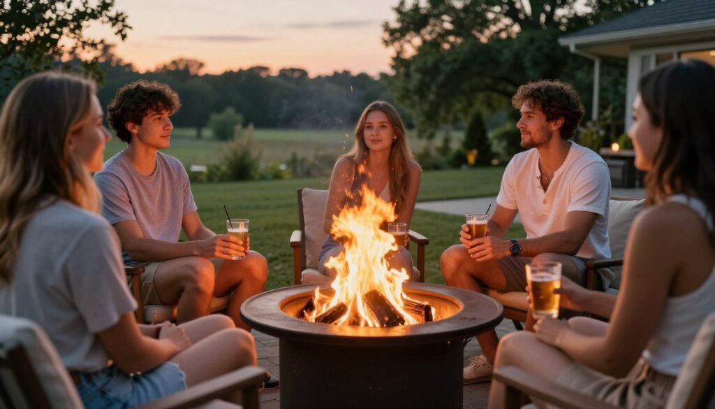 summer evening fire pit gathering with guests