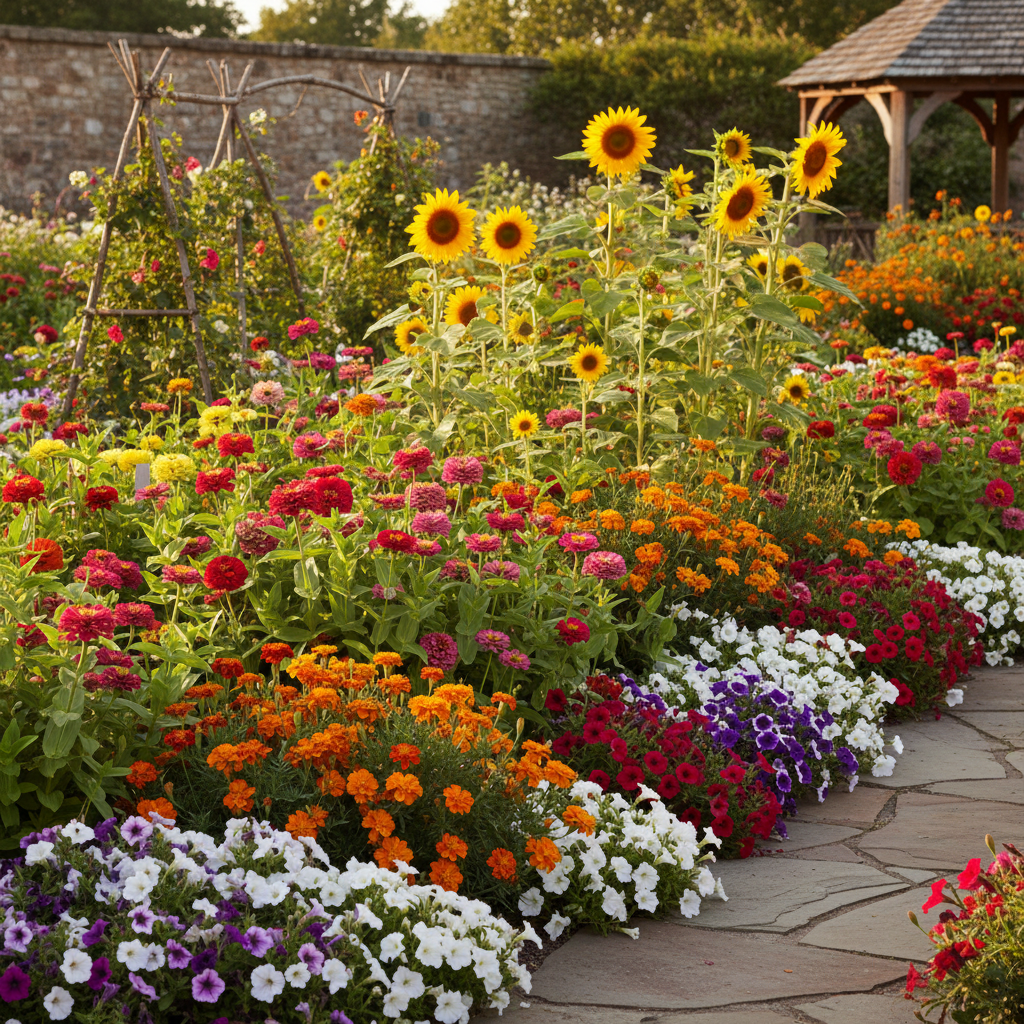 summer garden with bright colorful annual flowers in full bloom