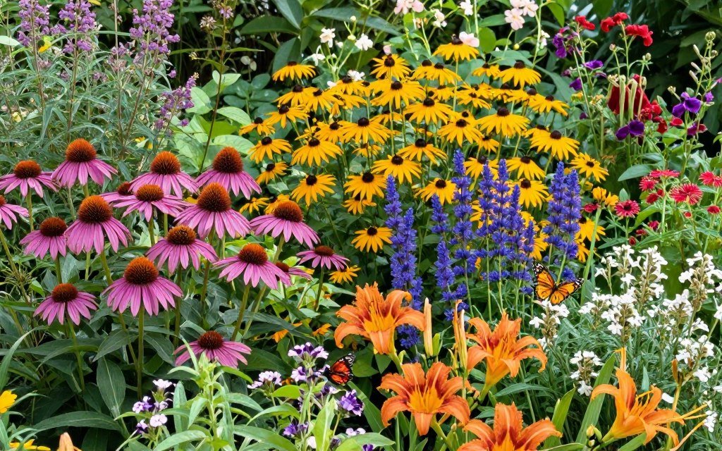 summer perennial garden in peak bloom with coneflowers, black-eyed susans, and daylilies