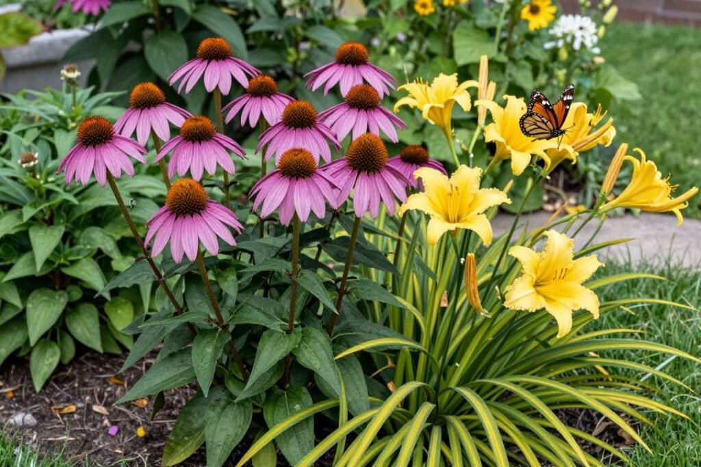 summer perennial garden with coneflowers and daylilies in full bloom