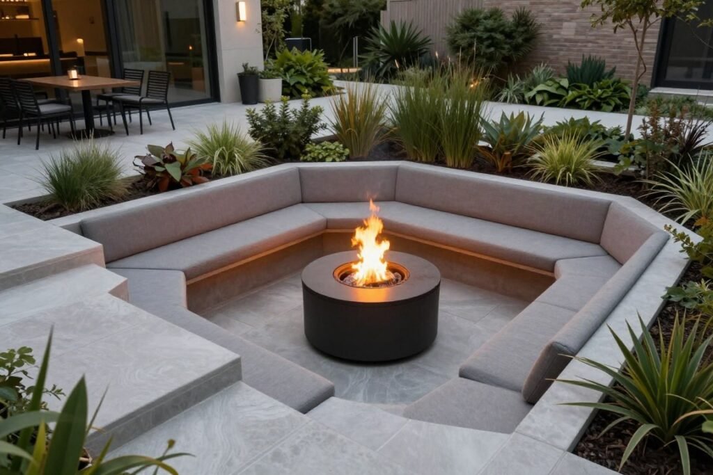 sunken fire pit area within patio with step-down seating
