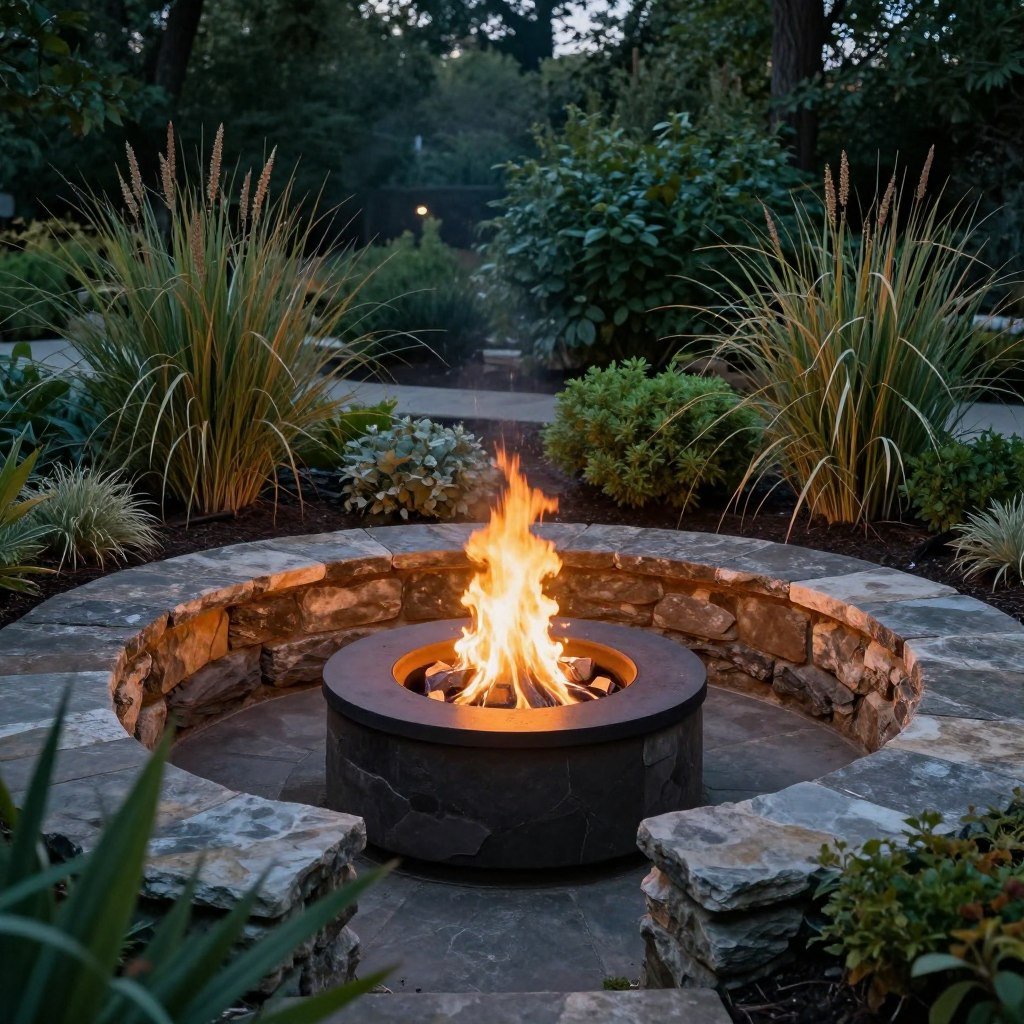 sunken fire pit surrounded by natural landscaping