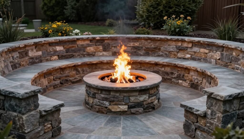 sunken in-ground fire pit with stone walls