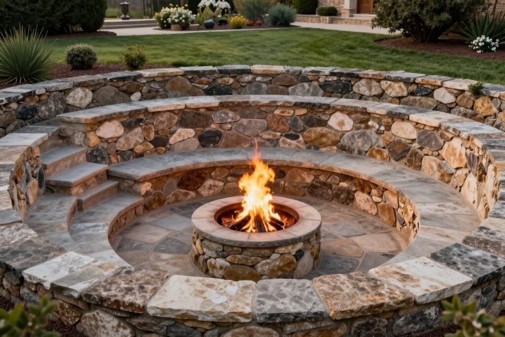 sunken stone fire pit with steps and surrounding landscape
