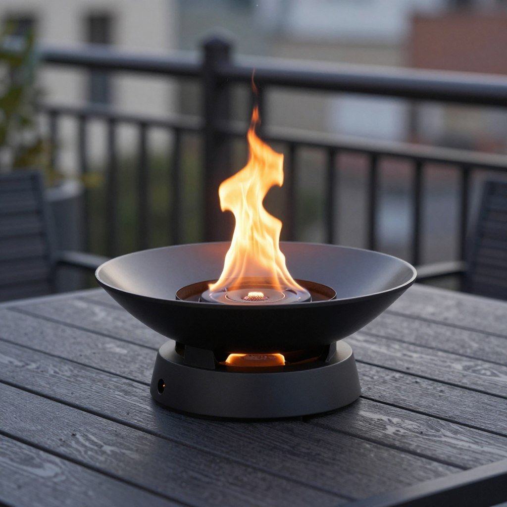 tabletop fire bowl on outdoor dining table