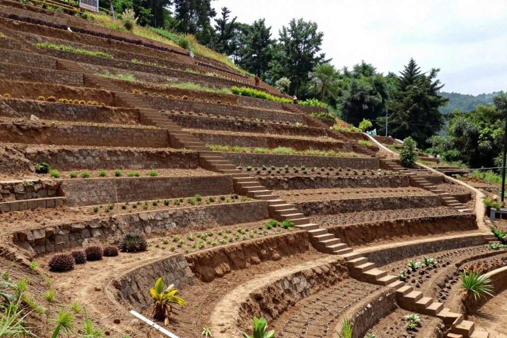 terraced hillside with retaining walls creating level planting areas