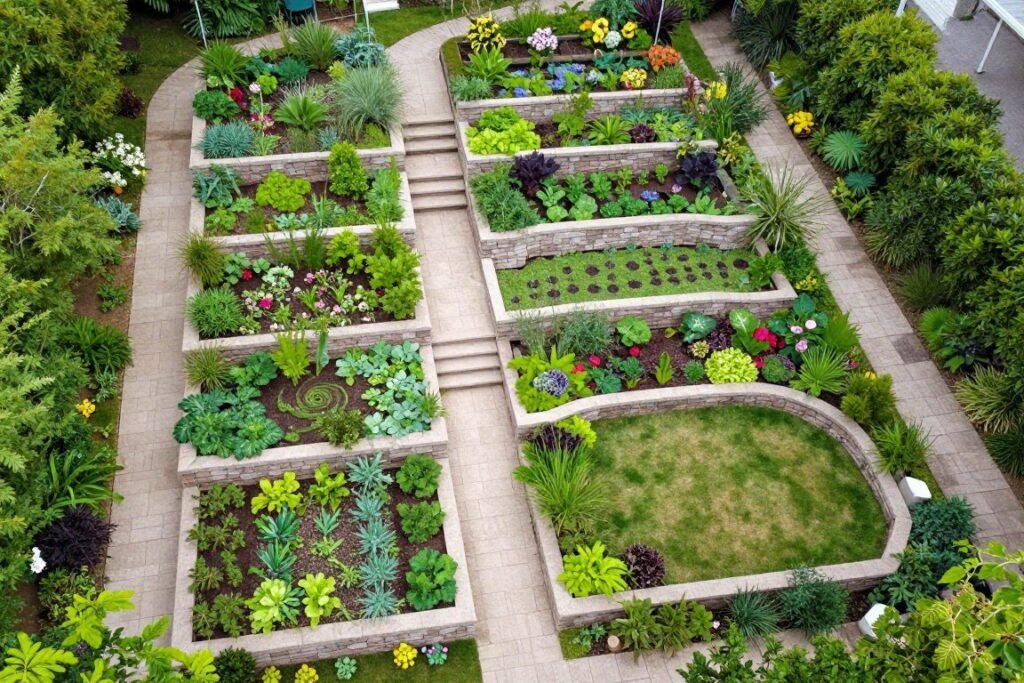 terraced sloped backyard with multiple planting levels and garden beds