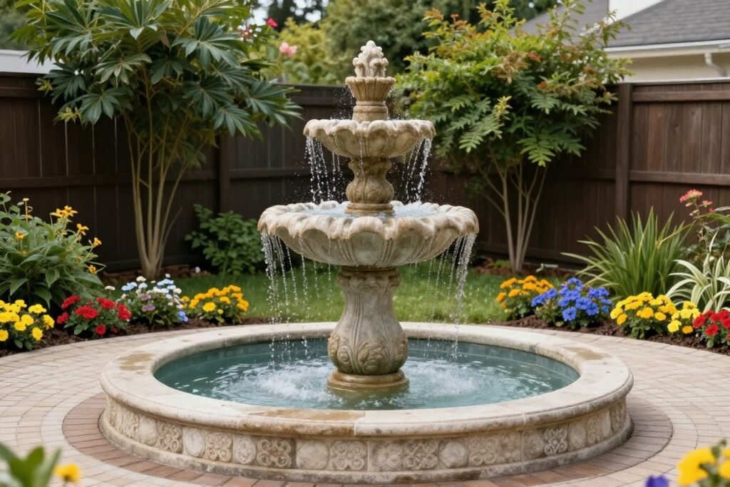 tiered fountain serving as central focal point in small backyard