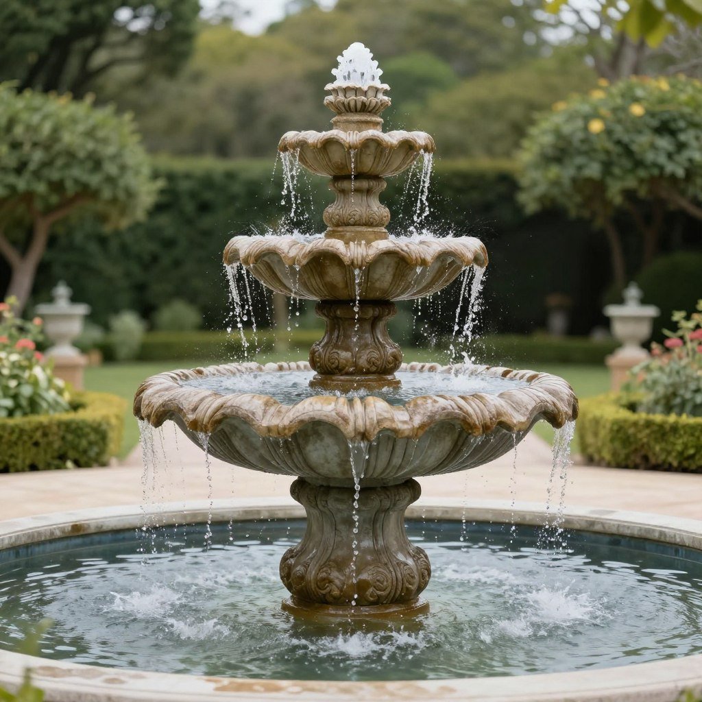 tiered stone fountain in formal garden