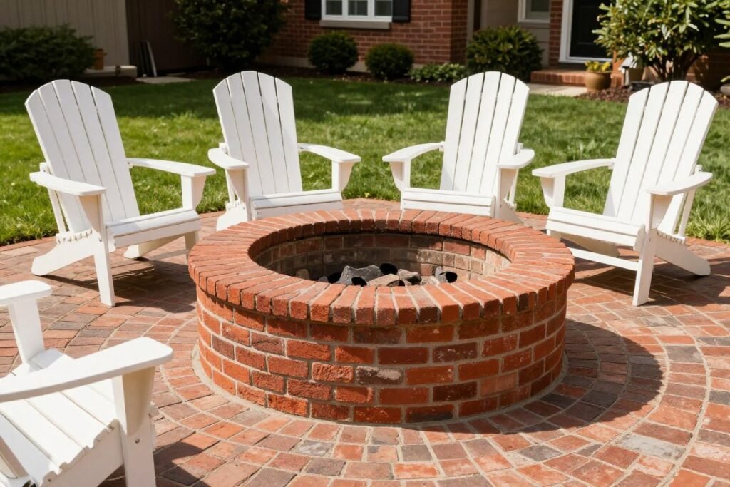 traditional red brick fire pit with circular design and paver patio
