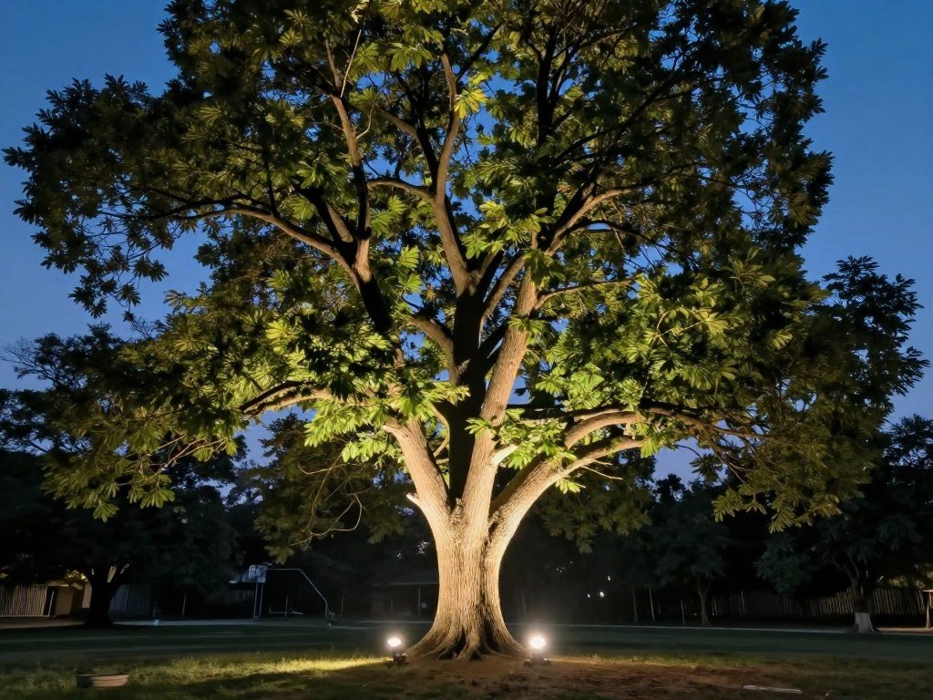 tree illuminated with uplight in evening backyard