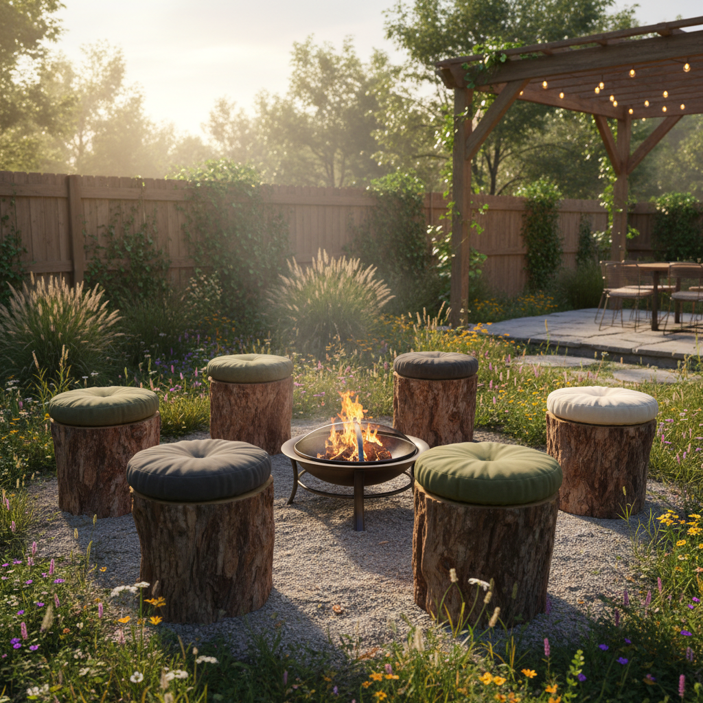 tree stump seating area with cushions in backyard