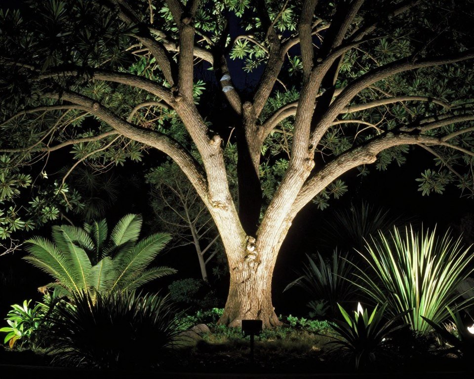 tree uplighting showcasing beautiful trunk and branch structure at night