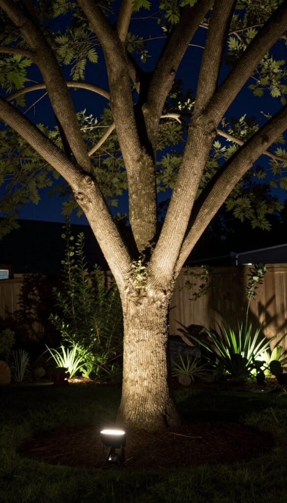 uplight illuminating tree trunk and branches in small backyard garden at night