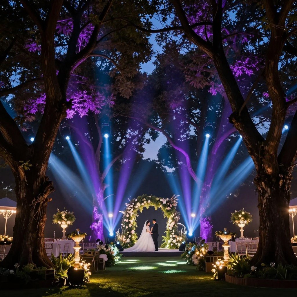 uplighting on trees creating dramatic effect at backyard wedding venue uplighting on trees creating dramatic effect at backyard wedding venue