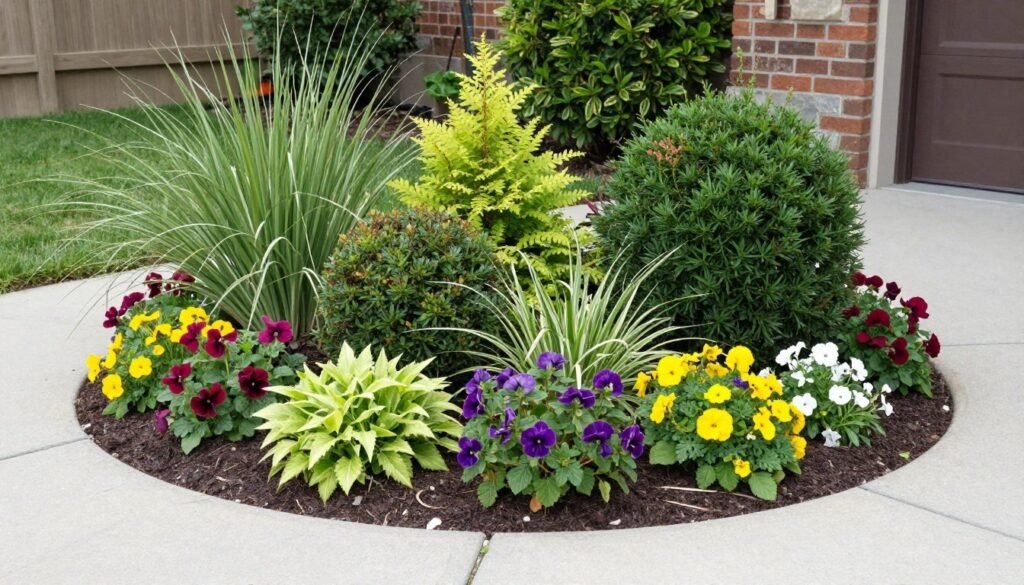 variety of compact plants and shrubs arranged in small backyard garden beds