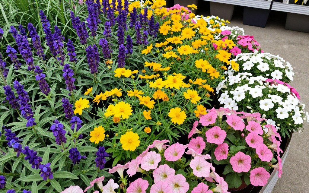 variety of flowering plants arranged by color in garden bed display