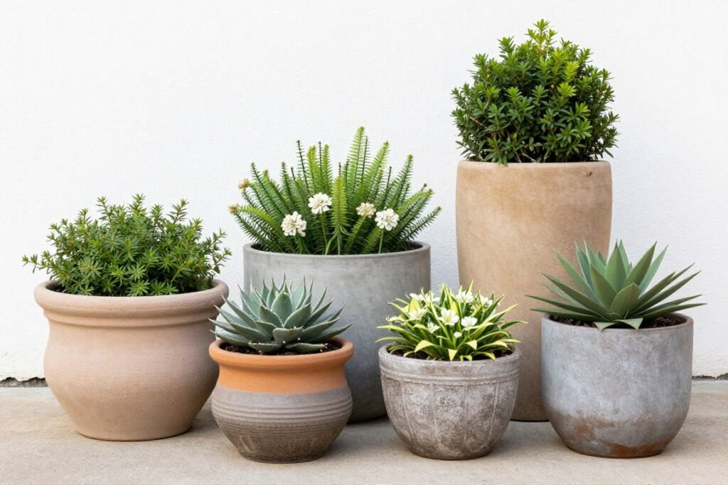 variety of outdoor planters in different materials