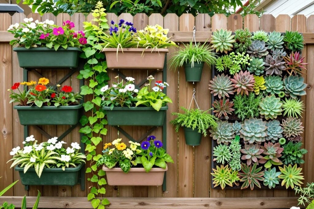vertical garden wall with climbing plants, wall planters, and trellises on backyard fence