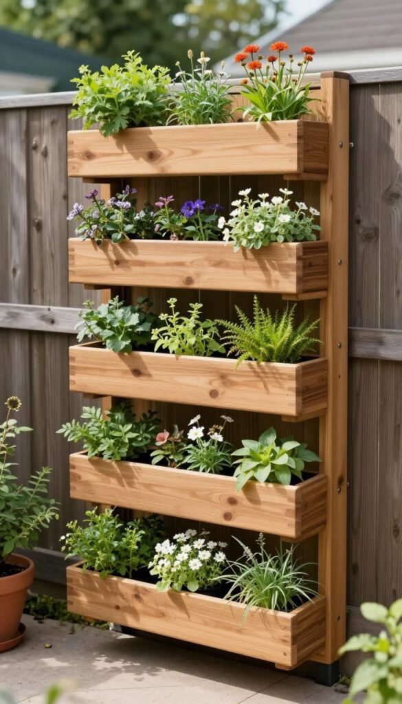 vertical garden wall with multiple levels of plants and flowers in small backyard