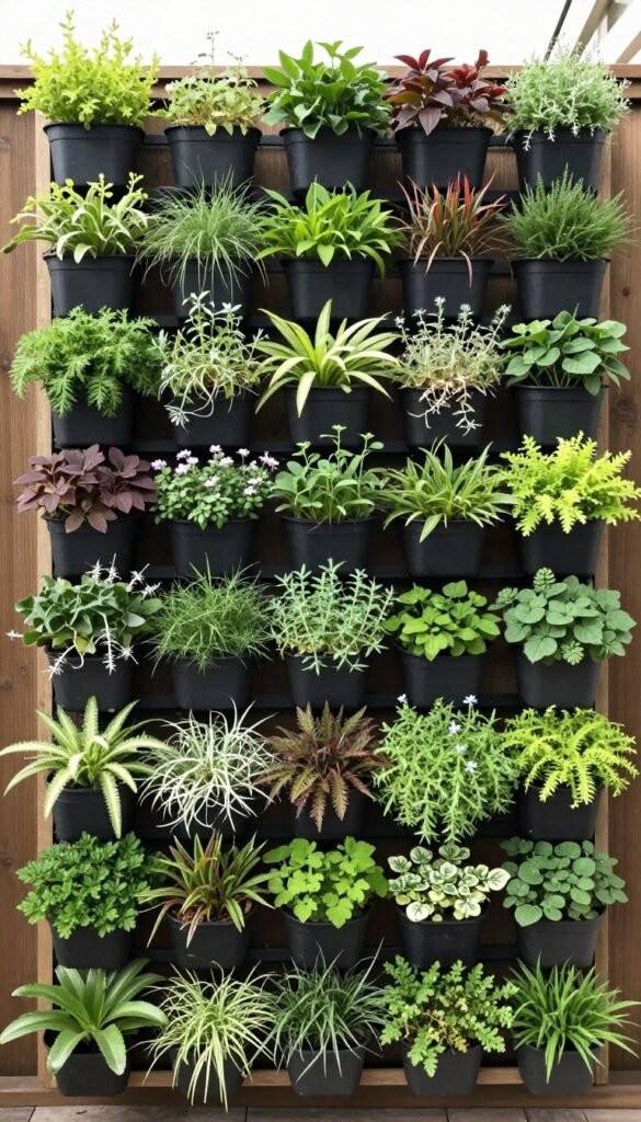 vertical garden wall with variety of plants in mounted containers
