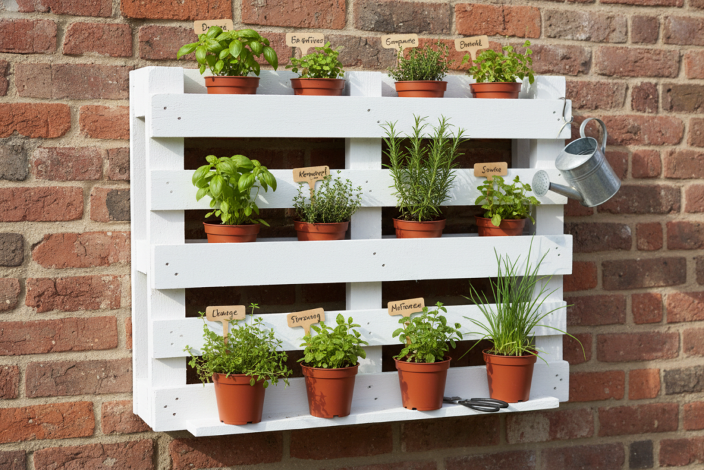 vertical herb garden in painted pallet mounted on wall