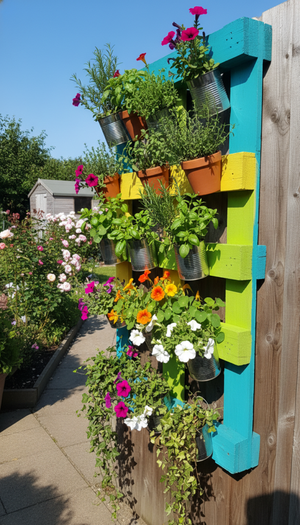 vertical pallet garden mounted on fence with herbs and flowers