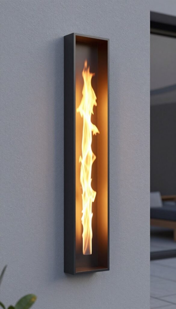 vertical wall-mounted fire feature saving floor space