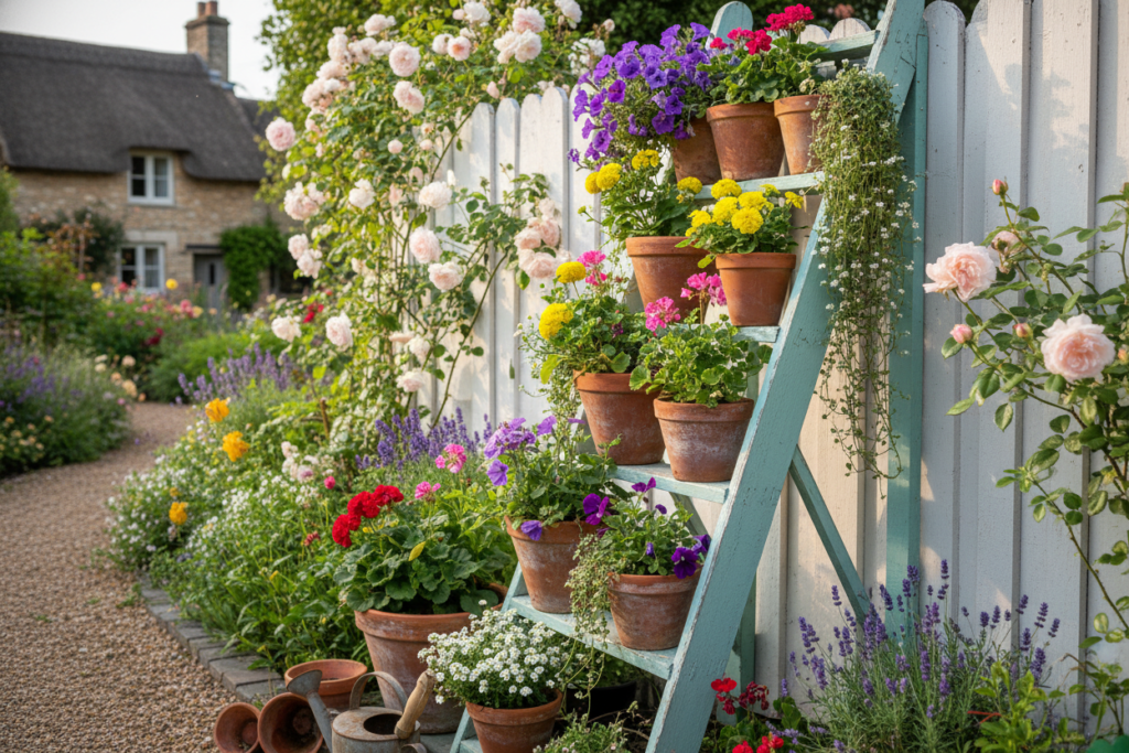 vintage ladder used as tiered plant stand with potted plants