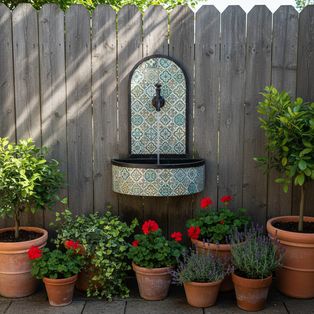 wall fountain mounted on fence with basin below
