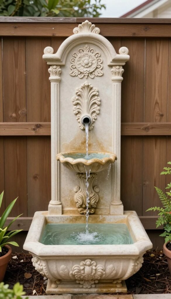 wall-mounted fountain on backyard fence with water basin below