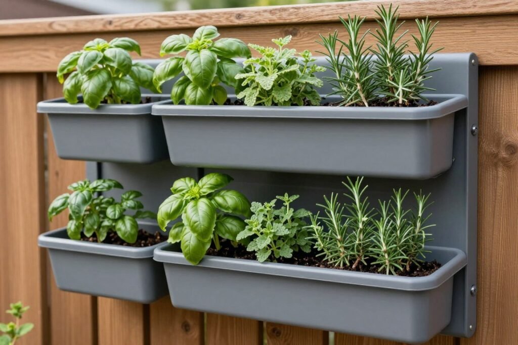 wall-mounted herb garden planters on backyard fence with various plants