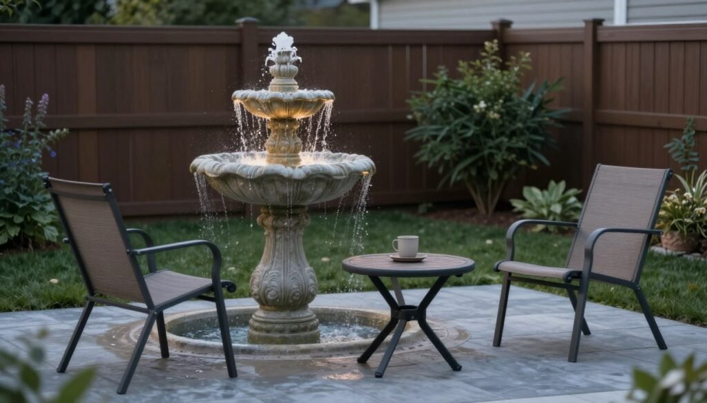 water feature positioned near patio seating area in small backyard