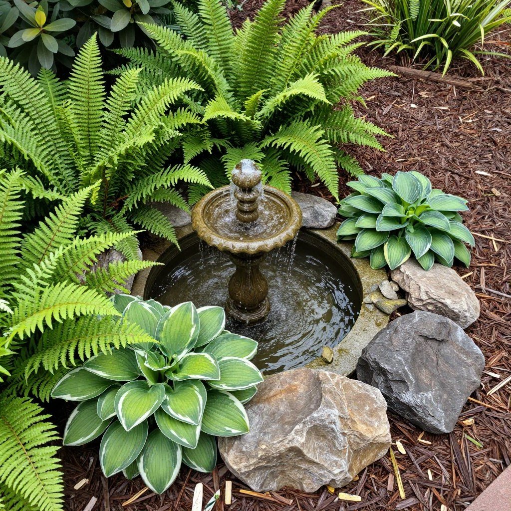 water fountain surrounded by ferns and shade plants in small backyard corner