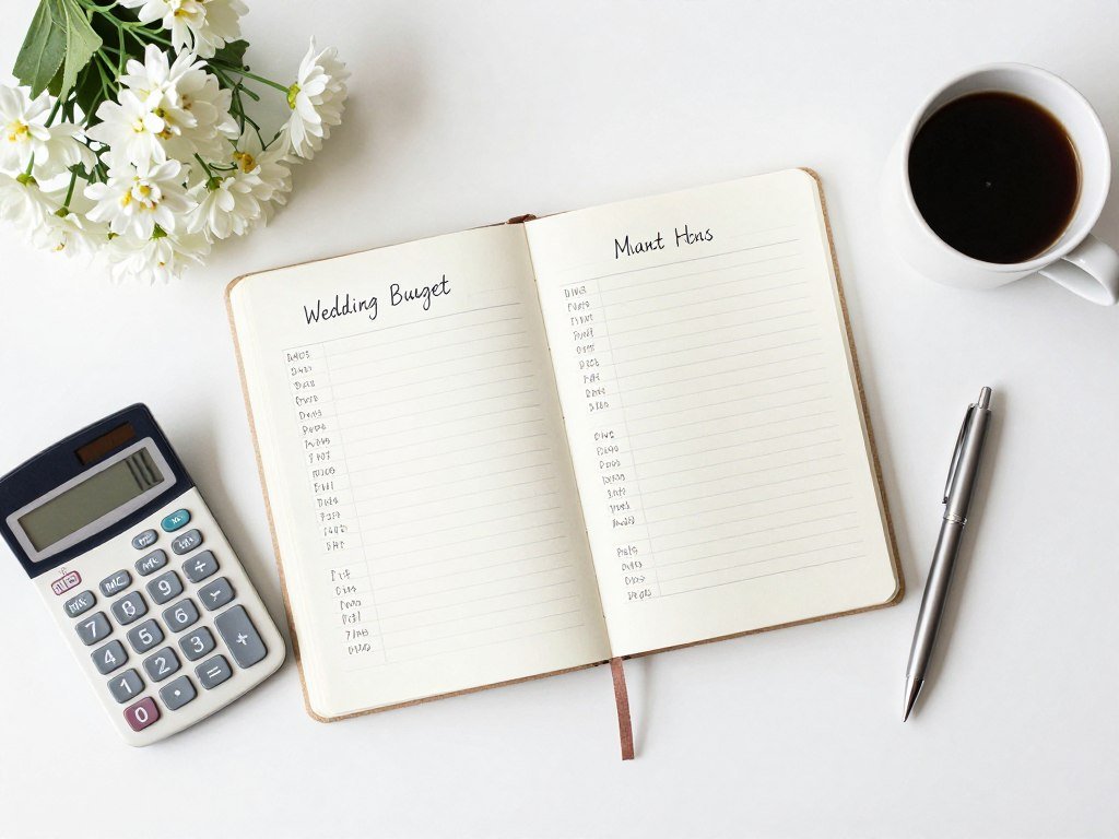 wedding budget planning notebook with calculator and flower decorations