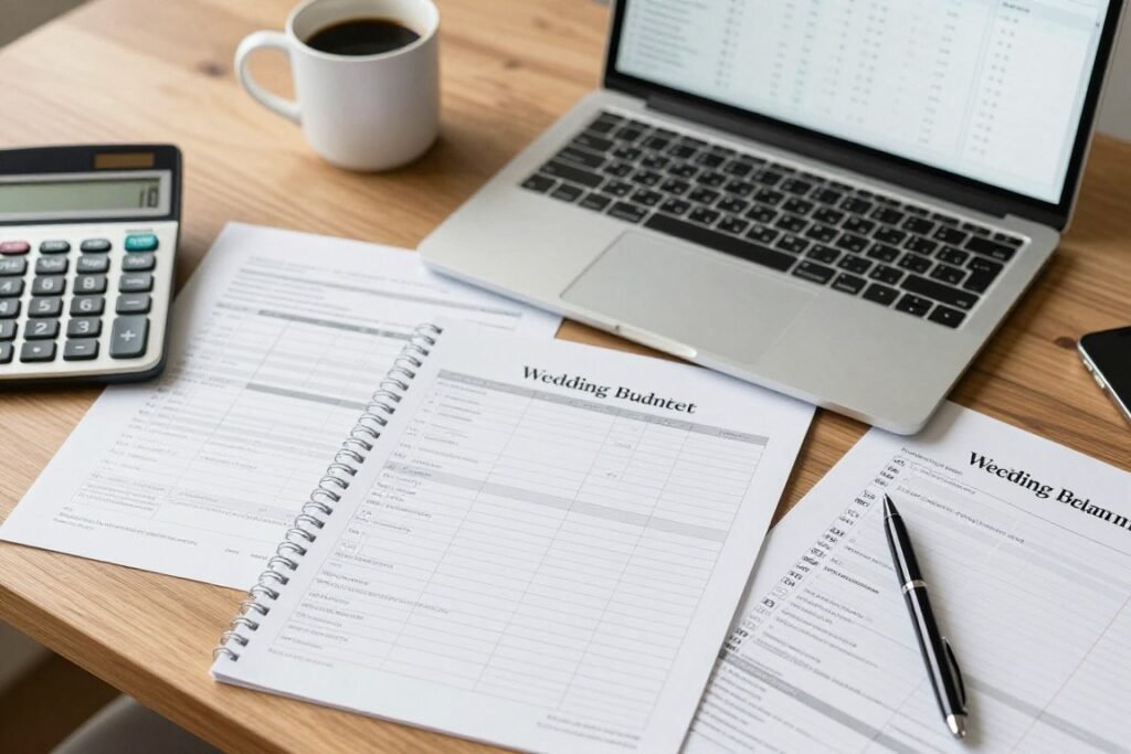 wedding budget planning worksheet with calculator and notes