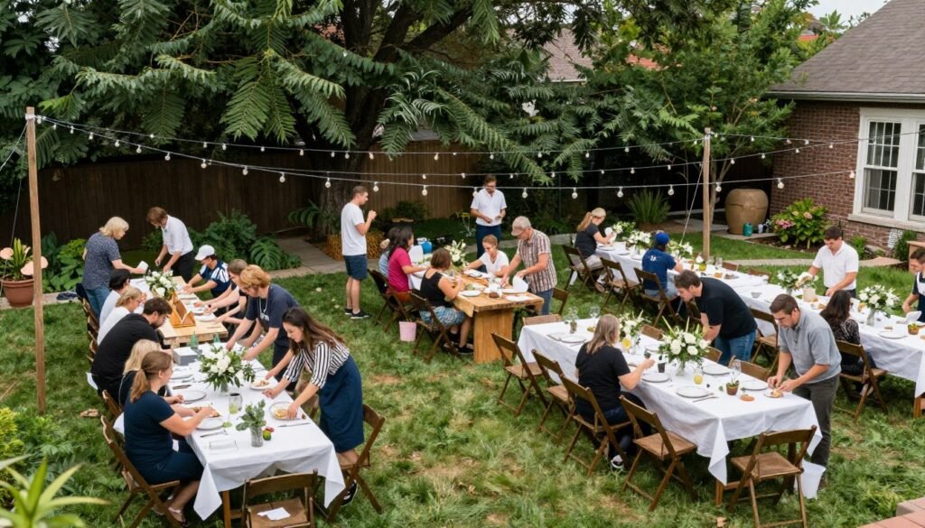 wedding preparation and setup in backyard