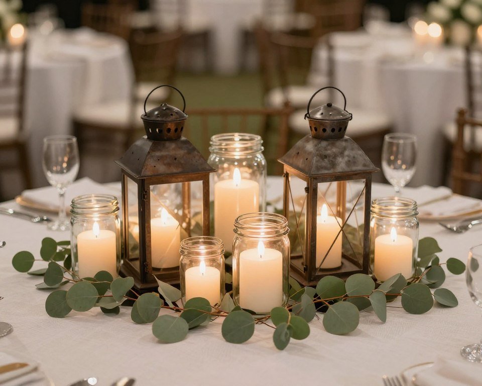 wedding table centerpiece with candles in mason jars and lanterns