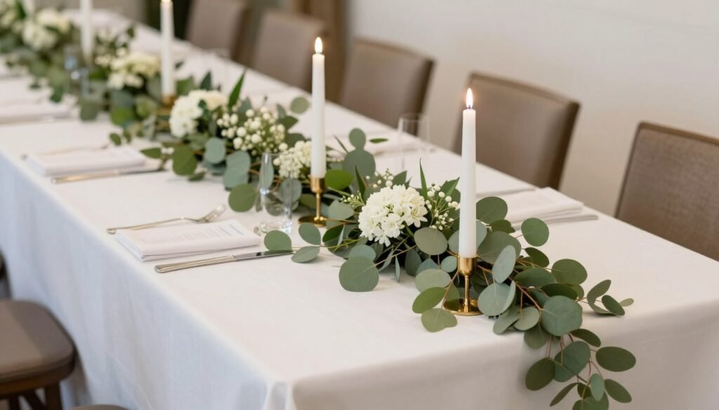 wedding table runner made with eucalyptus garland and minimal flowers