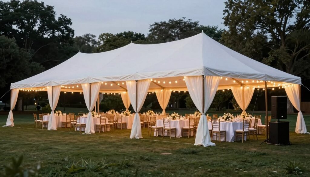wedding tent setup in backyard with elegant lighting