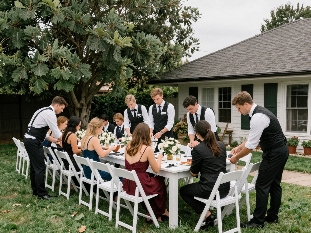 wedding vendors setting up backyard ceremony and reception