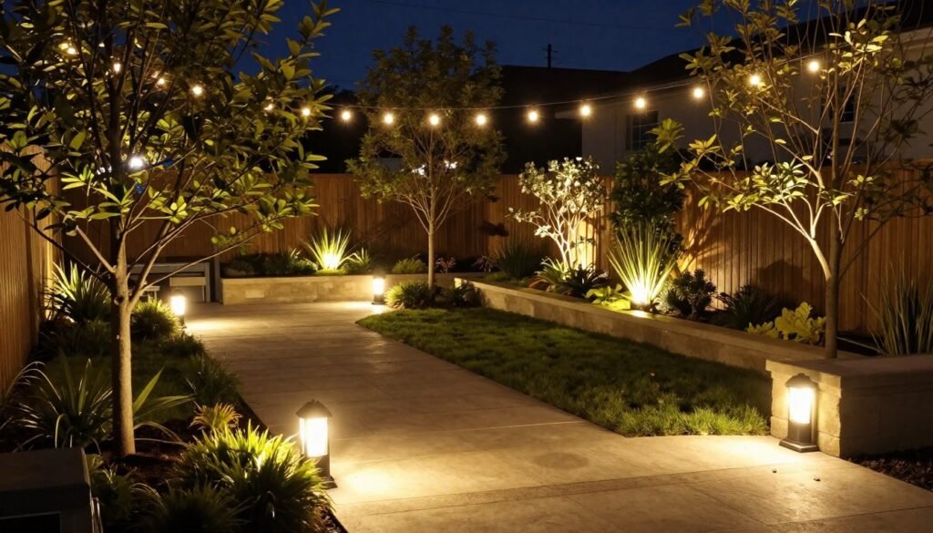 well-lit small backyard at night with multiple lighting layers and ambiance